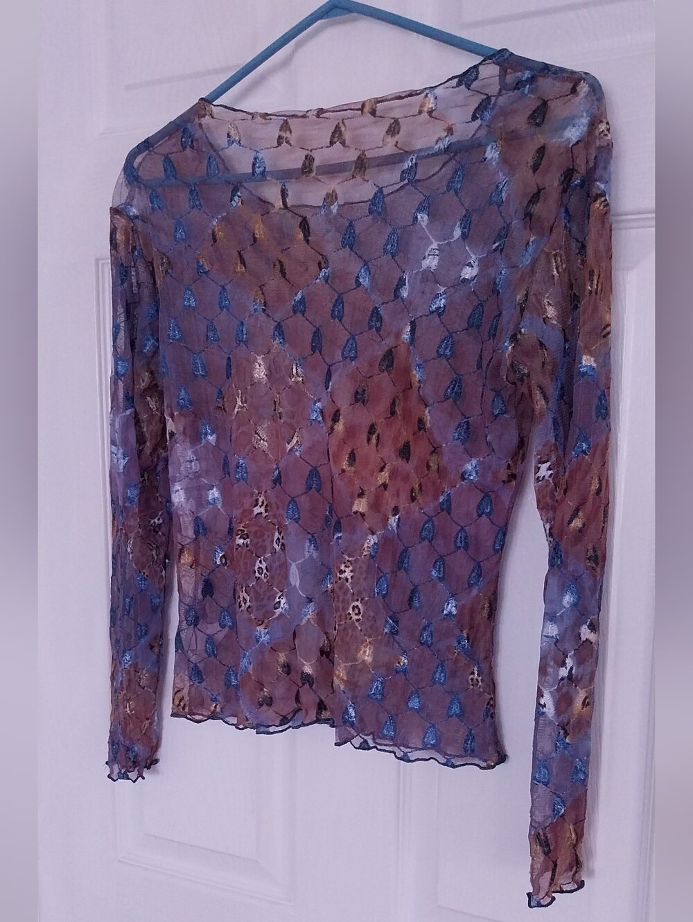Sheer Long-Sleeve Mesh Top in Blue and Brown - Picture 8 of 9